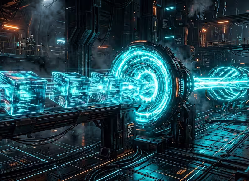 Diagram showing a large incoming data
stream being compressed through a native browser algorithm