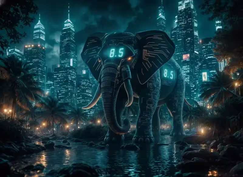 An elephant symbolizing PHP 8.4 in a cyberpunk city