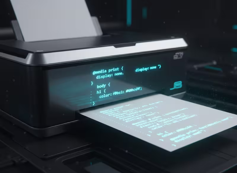 A sheet of paper coming out of a printer, but instead of ink, CSS
code lines style the content directly on the page.
