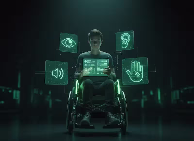 A person in a wheelchair using a tablet, surrounded by accessibility symbols on various electronic devices