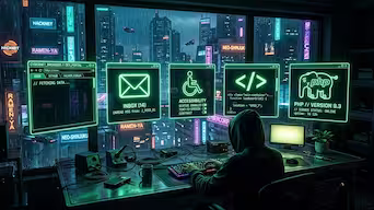 Five technical icons for web, email, accessibility,
HTML, and PHP with green status lights.