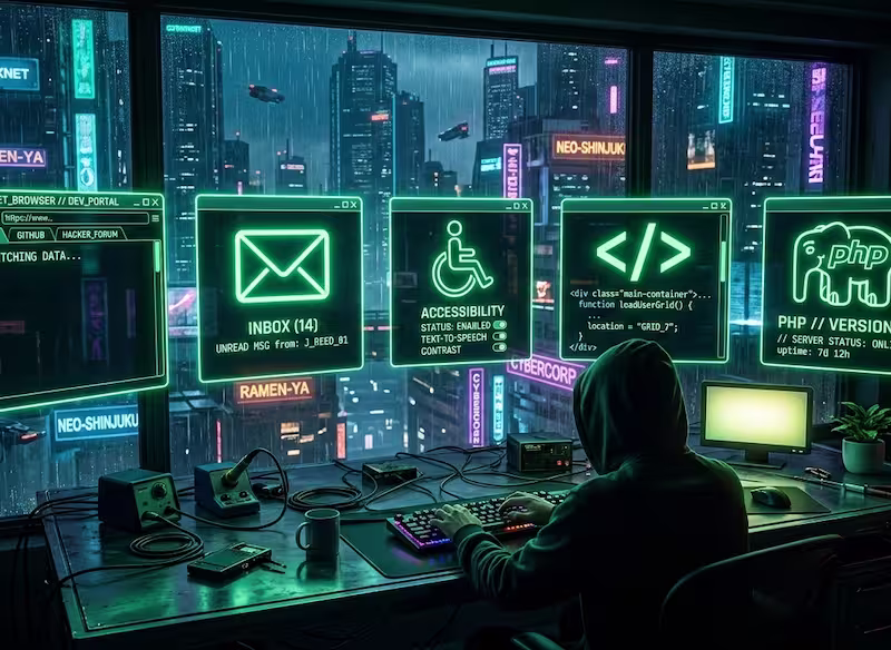Five technical icons for web, email, accessibility,
HTML, and PHP with green status lights.