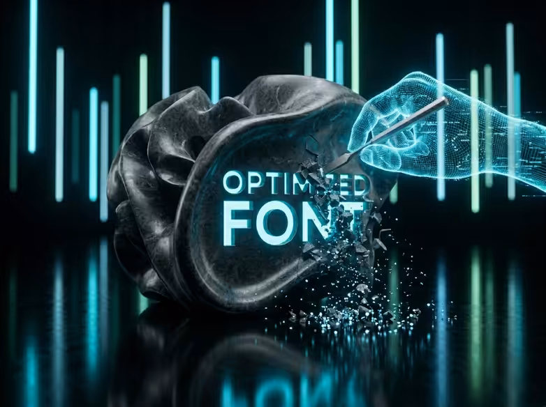 A glowing digital hand carving a dark stone
block filled with jumbled letters to extract an optimized font